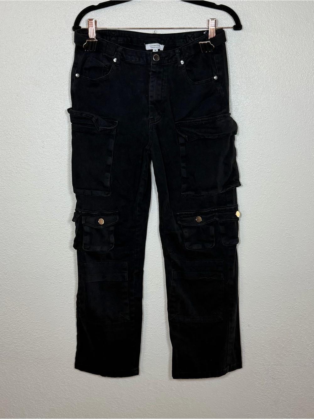 Women M Black Tactical Style Cargo Pants Straight Leg Pockets Adjustable Waist